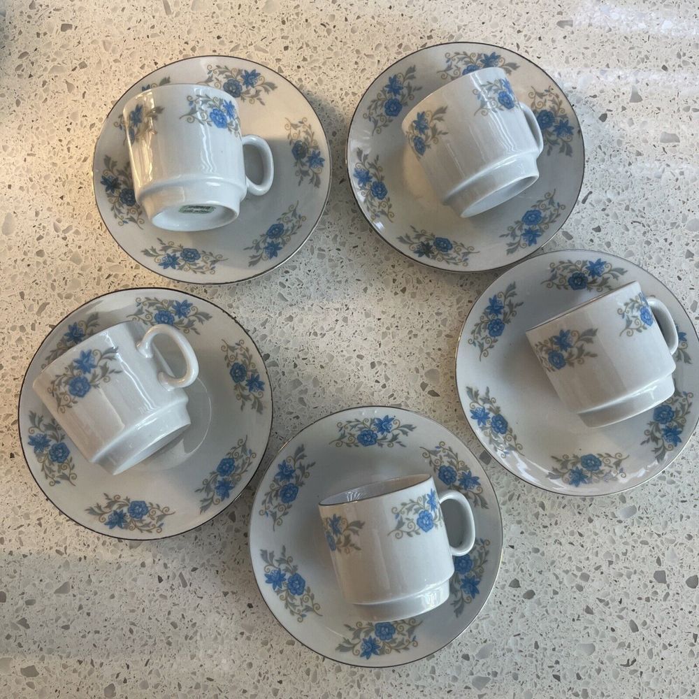 Demitasse 5 Cup And Saucer Set Vintage Blue Roses‎ Silver Trim China